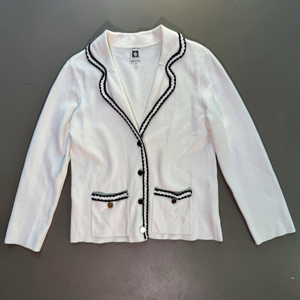 Anne Klein Knit Blazer MEDIUM White Black Trim Office Career Preppy